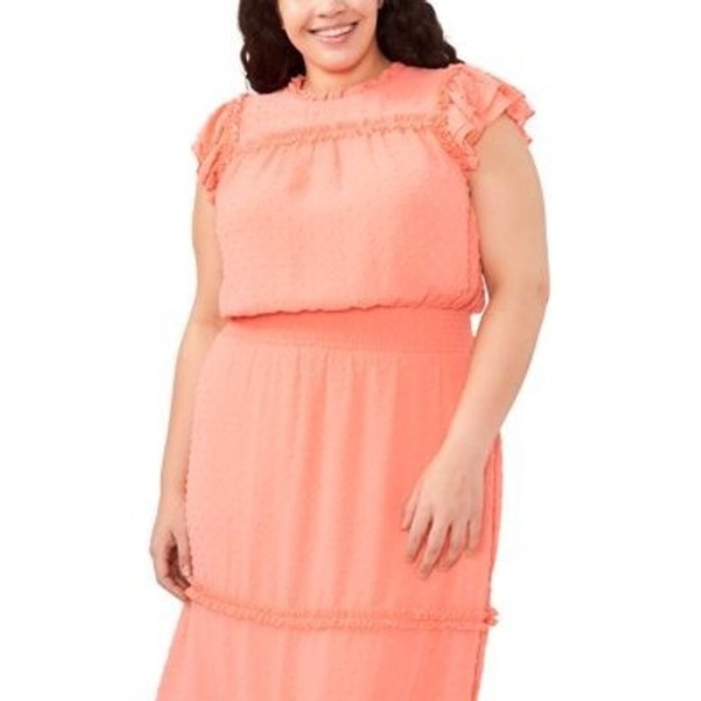 813. Cute Cece Long Peach Dress with short sleeves and stretchy waist band 3X